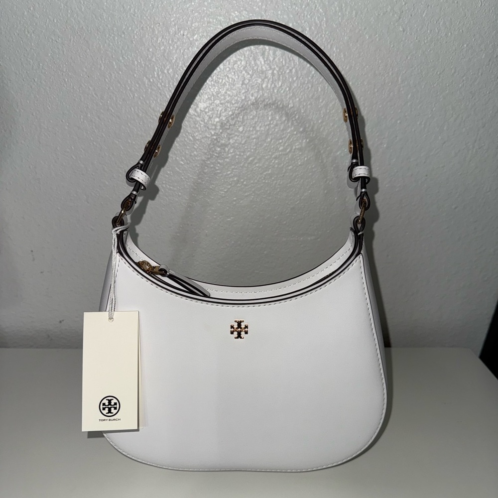 Tory Burch White Crescent Shoulder Bag with Leather Trim